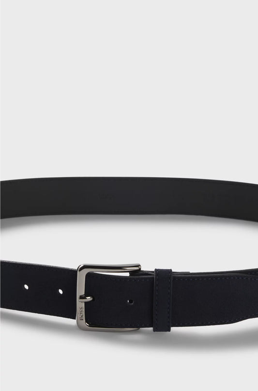 SUEDE BELT WITH LOGO-ENGRAVED GUNMETAL BUCKLE