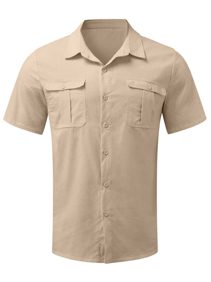 Mokaloha-Men's Solid Color Double Pocket Cotton Linen Casual Short Sleeve Shirt
