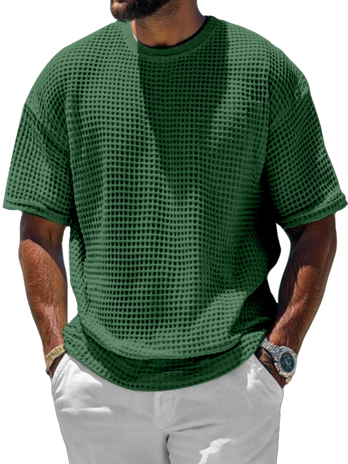 Men's Casual And Comfortable Short-sleeved Solid Color Waffle Round Neck T-shirt