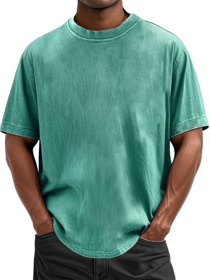 Men's 100% Cotton Casual Basic Versatile Washed Distressed Retro Short-sleeved T-shirt