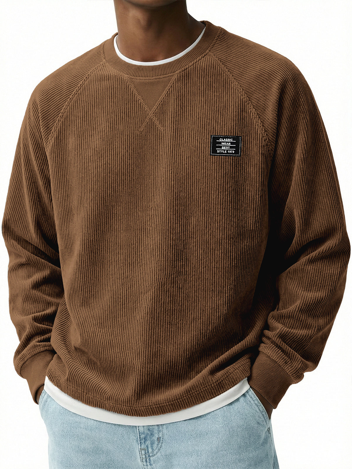 Corduroy Raglan Crew Neck Pullover Top with Stitched Embroidery Design