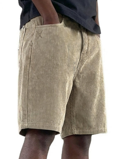 Men's Casual Retro Multi Pocket Embroidered Logo Workwear Corduroy Shorts