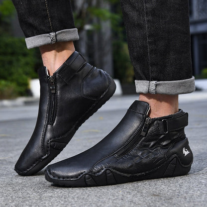 Men’s Genuine Leather Zipper Boots – Casual Slip-On High-Top Boots