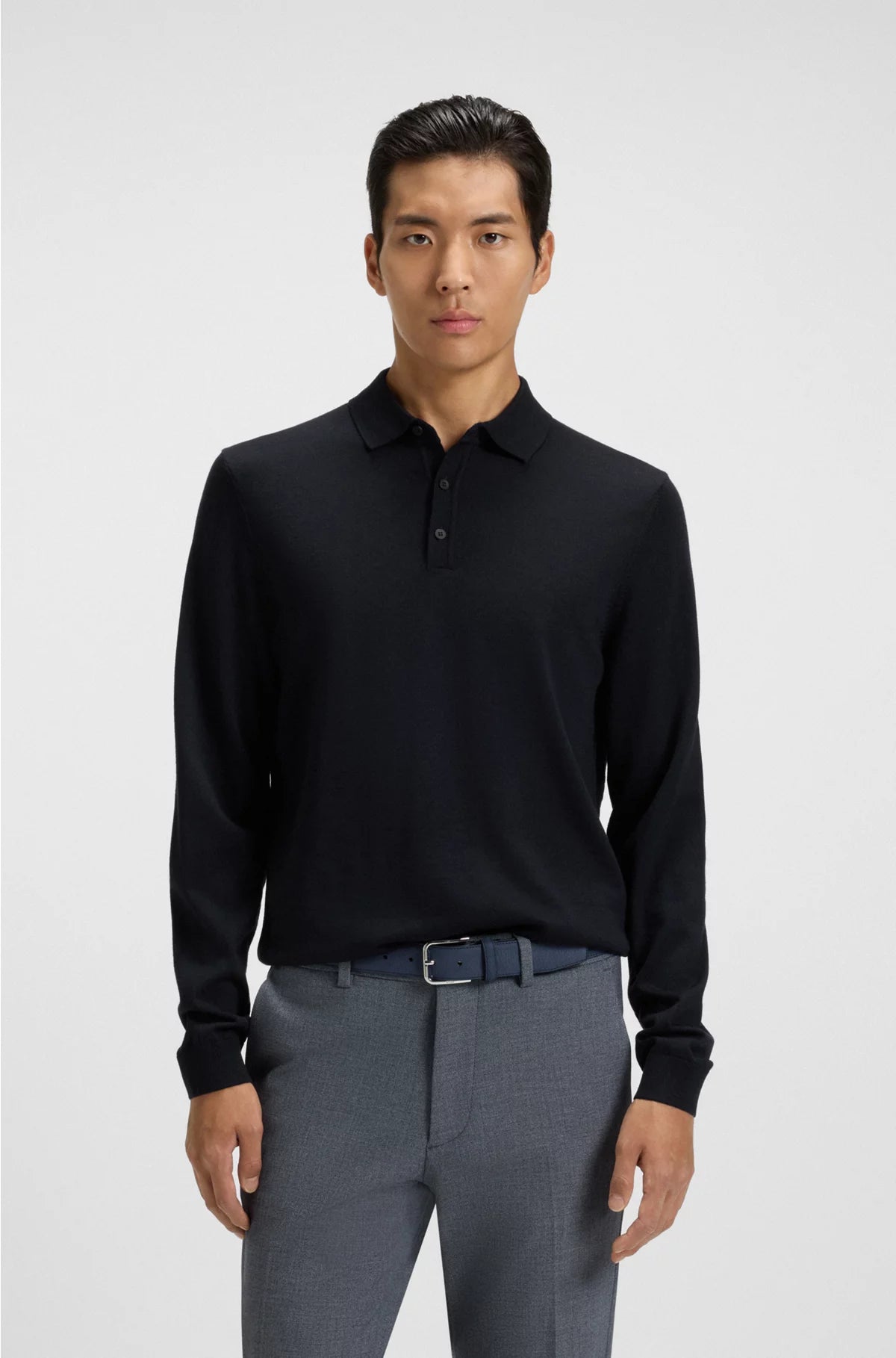 LONG-SLEEVED KNIT POLO SWEATER IN ITALIAN VIRGIN WOOL
