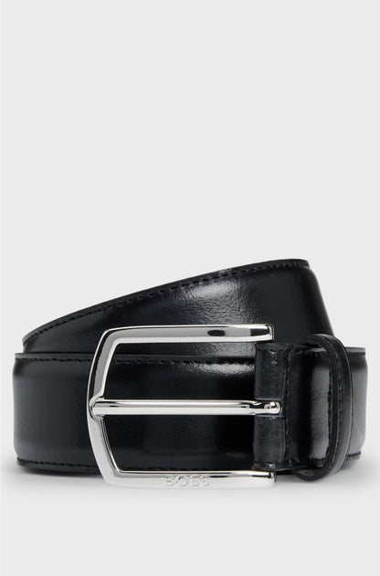 ITALIAN-LEATHER BELT WITH POLISHED LOGO BUCKLE