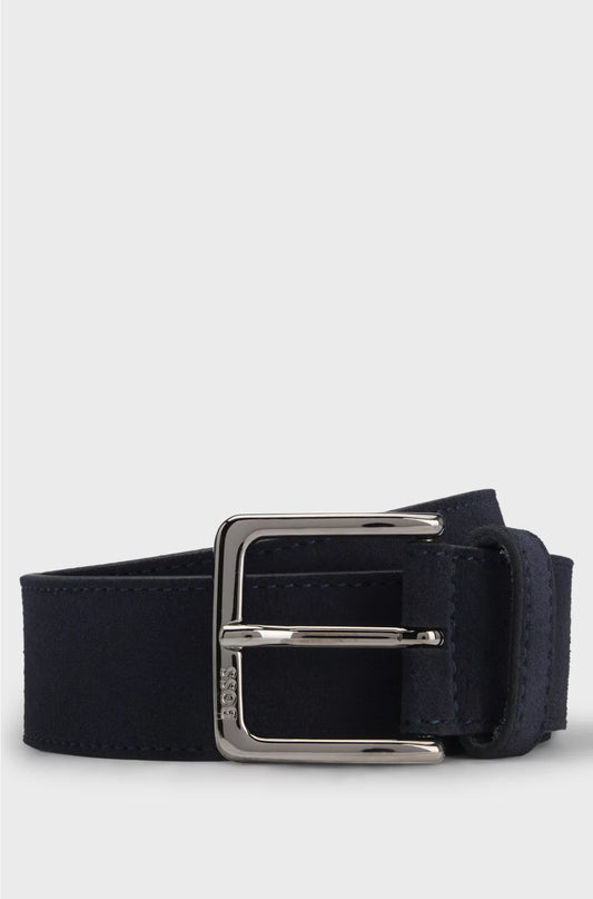 SUEDE BELT WITH LOGO-ENGRAVED GUNMETAL BUCKLE