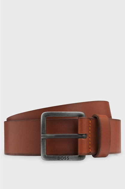 LEATHER BELT WITH LOGO BUCKLE