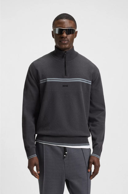ZIP-NECK COTTON-BLEND SWEATER WITH STRIPE DETAILS