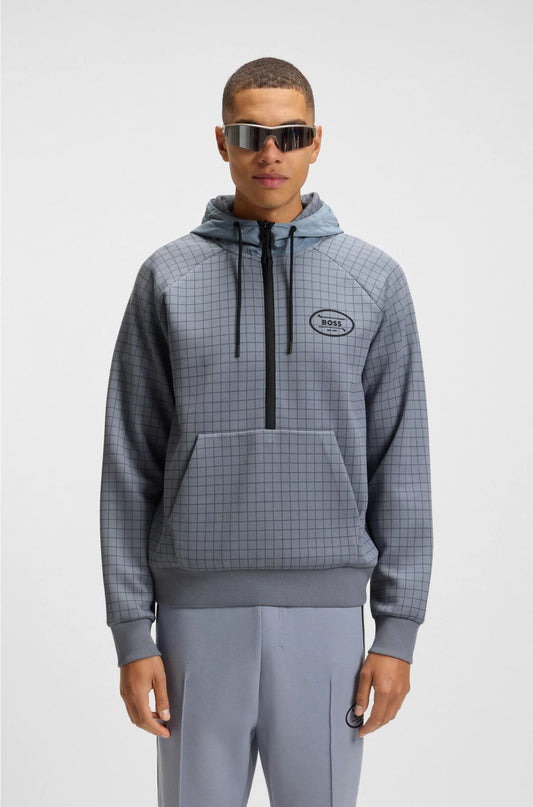 CHECK-PRINT HOODIE IN STRETCH PIQUE WITH GOLF ARTWORK