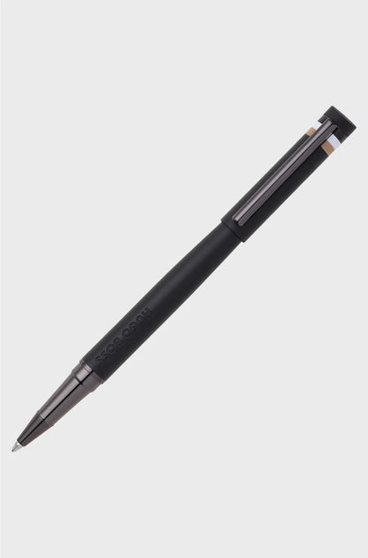 BLACK LOGO-DETAIL ROLLERBALL PEN WITH SIGNATURE-STRIPE CAP