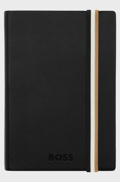 A6 BLACK FAUX-LEATHER NOTEBOOK WITH SIGNATURE-STRIPE STRAP