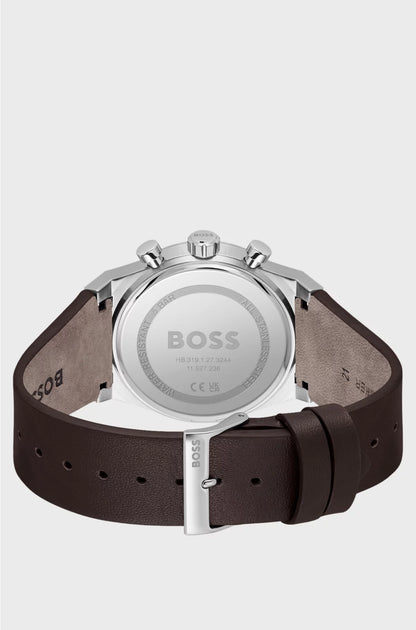 SILVER-TONE CHRONOGRAPH WATCH WITH BROWN LEATHER STRAP
