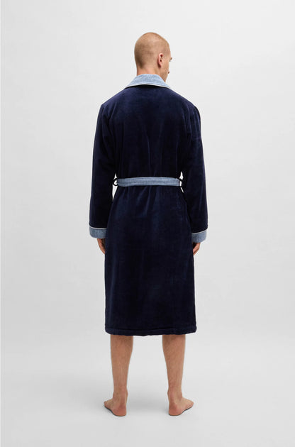 NAVY COTTON-VELVET DRESSING GOWN WITH EMBROIDERED LOGO