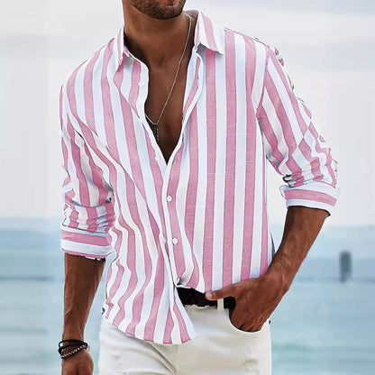 Men's Striped Print Shirt Casual Loose Long-sleeved Shirt