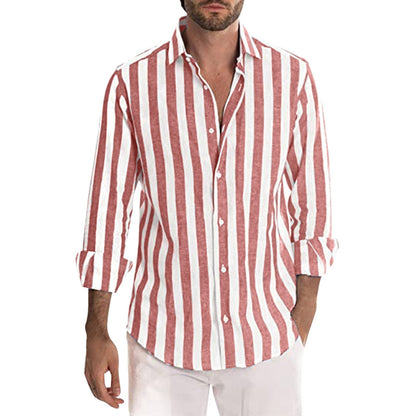 Men's Striped Print Shirt Casual Loose Long-sleeved Shirt